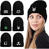 Mepase 6 Pcs Black Fashion Cool Embroidered Knit Hat Men Women Knitted Hip Hop Beanie Hats Autumn Winter Warm Beanie Skull Goth Cap for Party, One Size