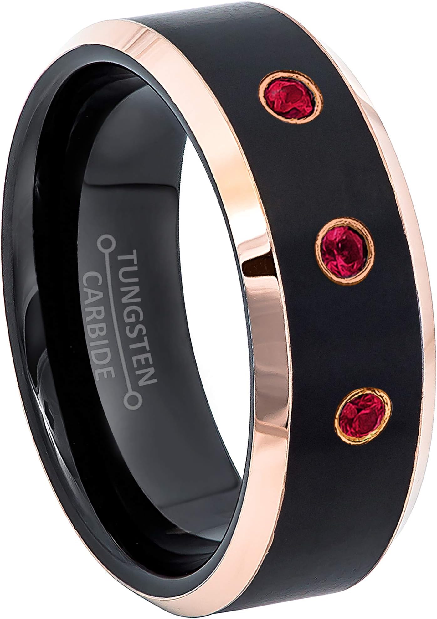 8MM Brushed 2-Tone Rose Gold Beveled Edge Tungsten Carbide Wedding Band - 0.21ctw Ruby 3-Stone Tungsten Ring - July Birthstone Ring