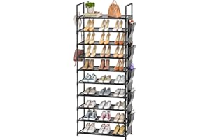 Tall Shoe Rack 10 Tier Shoe Racks for Entryway 30-35 Pairs, Shoe Storage Metal Shoe Shelf with 5 Hooks and Pocket,Sturdy Shoe