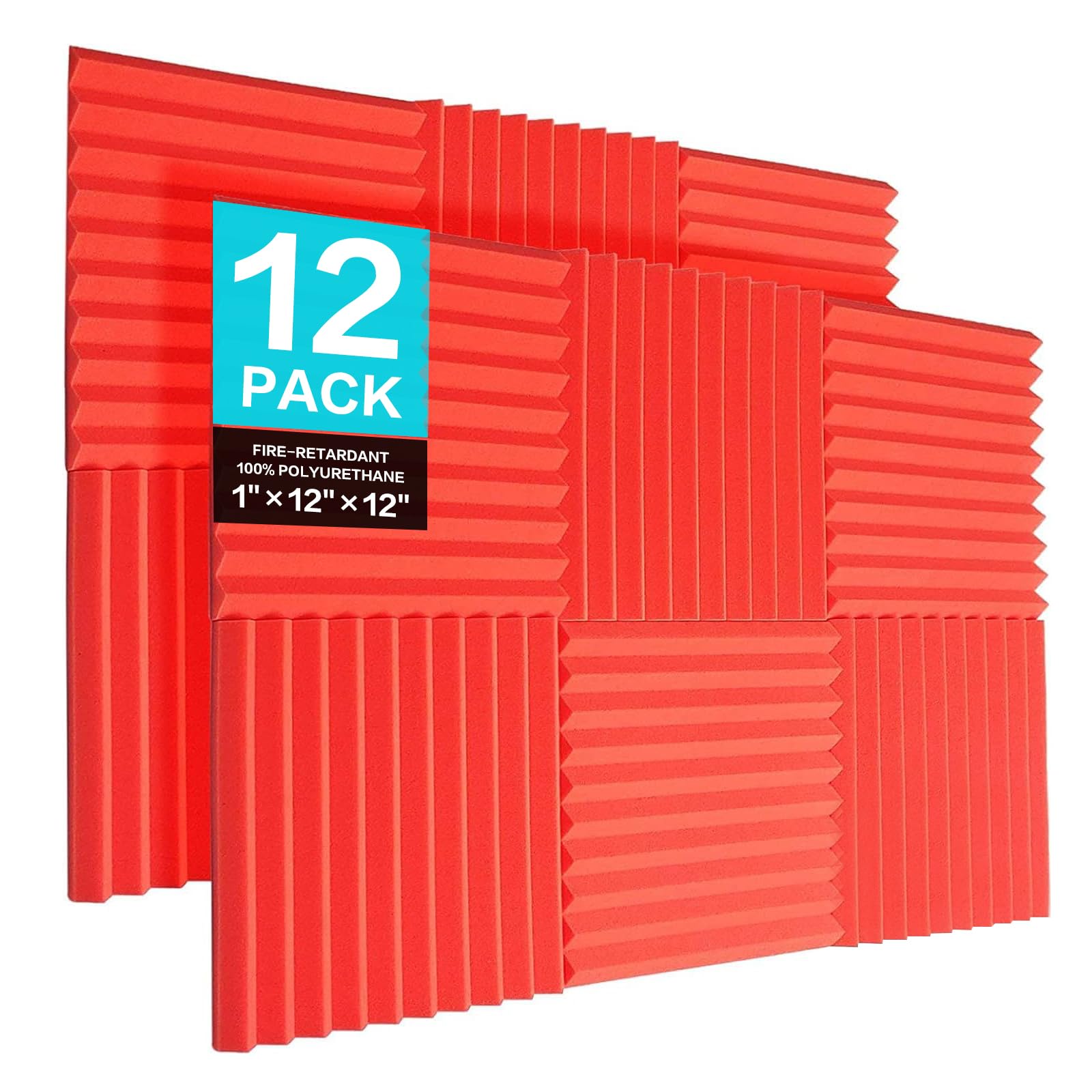JBER 12 Pack Acoustic Foam Panels, 1" X 12" X 12" Studio Soundproof Wedge-Shaped Fireproof Soundproof Liner Acoustic Treatment Foam (red)