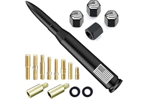 ENGIRETTE Car Truck Bullet Antenna with Tire Valve Caps American Flag Universal Short Replacement for GMC Sierra Chevy Silverado Dodge Ram 1500 2500 3500 Ford F150 F250 F350 Super Duty Accessories, Matte Black