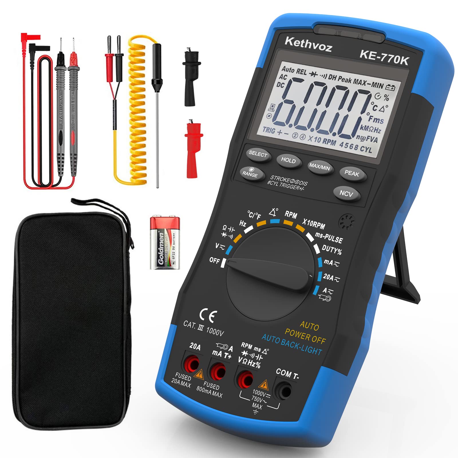 Digital Automotive Multimeter, TRMS 6000 Counts Multi Tester Volt Amp Ohm Meter Measure Dwell Angle Pulse Width Tach Temperature Duty Cycle Continuity Voltage Current Resistance