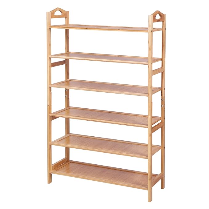 SONGMICS Bambus Schuhregal, 6 Ebenen Badregal, Bambus Standregal, Bücherregal, Schuhschrank für 20 Paar Schuhe, 108 x 67,5 x 