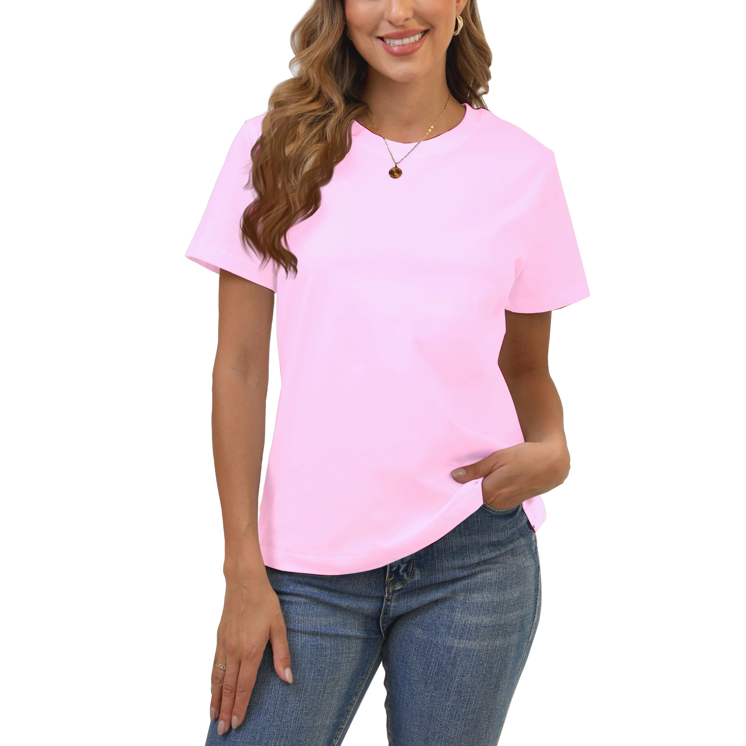 Photo 1 of 100% Cotton Light Pink Basic T Shirts for Women, Crew Neck Short Sleeve Shirts, Loose Fit Plain Workout Tshirts, Tops, Undershirts