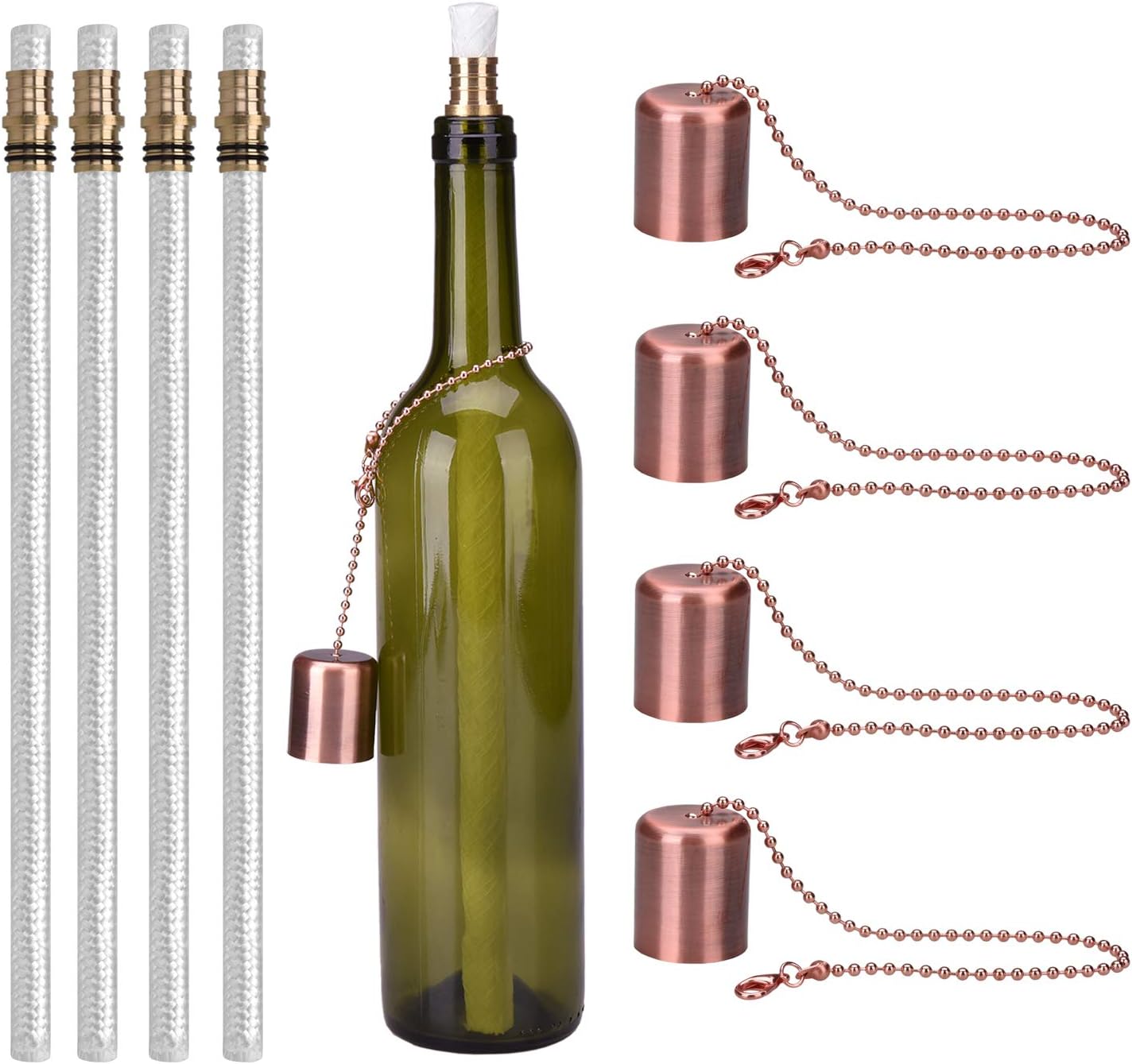 LinkBro Wine Bottle Torch Kit 4 Pack, Includes 4 Long Life Torch Wicks, Red Antique Copper Lamp Cover & Brass Wick Mount