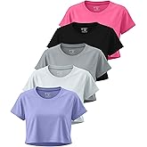 5 Pack Women’s Loose Fit Crop Tops- Dry Fit Athletic Short Sleeve Workout T-Shirts Yoga Running Gym Casual Tees