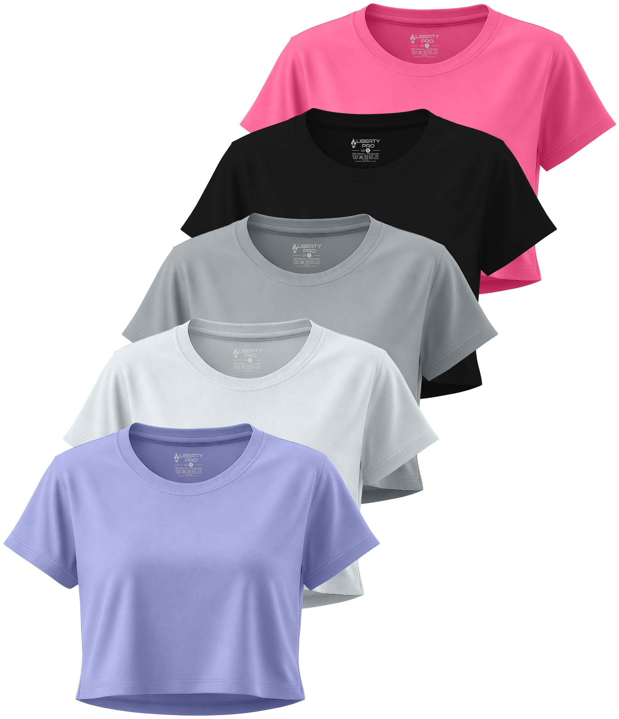 Photo 1 of 5 Pack: Women's Loose Fit Workout Crop Tops, Athletic Short Sleeve Gym T-Shirts Dry Fit Crew Neck Tees (Set 2, Large)