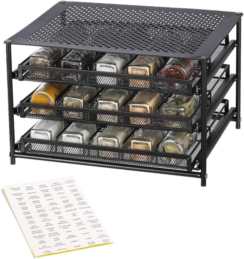 NEX 3-Tier Spice Rack 30 Bottle Standing Spice Drawer Storage Organizer for Kitchen Cabinet Countertop Dark Brown: Kitchen & Dining