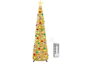 HISFFOG 5 Ft Prelit Tinsel Pop Up Christmas Tree with 8 Light Adjustment Modes 50 Remote Color Lights Battery Operated, Pencil Artificial Slim Tree Xmas Decoration Home Party Indoor Outdoor