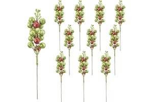UPSTORE 10 Pcs Christmas Glitter Berry Stems 8 Inch Red Green Artificial Holly Berry Picks Sparkly Branches for Christmas Tre