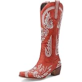 KiutSymo Glitter Rhinestone Cowboy Boots For Women Vintage Embroidered Cowgirl Boots Mid Calf Chunky Heel Sparkly Wedding Western Boots