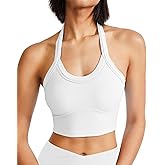 Halter Sports Bra Longline Open Back Workout Top Ribbed Crop Tank Tops with Built in Bra Gym Yoga Push Up