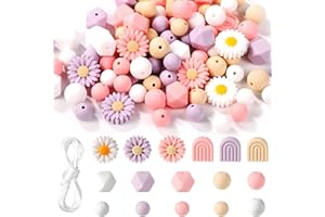 MYTOAU 100pcs Daisy Silicone Beads, Boho Round Daisy Flower Shape Hexagon Beads with Nylon Rope for DIY Crafts Jewelry Neckla