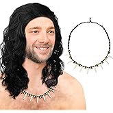 Knitgrip 2 Pcs Halloween Costume Accessories for Men: Curly Wig & Hawaiian Tribal Tooth Necklace - Black, One Size