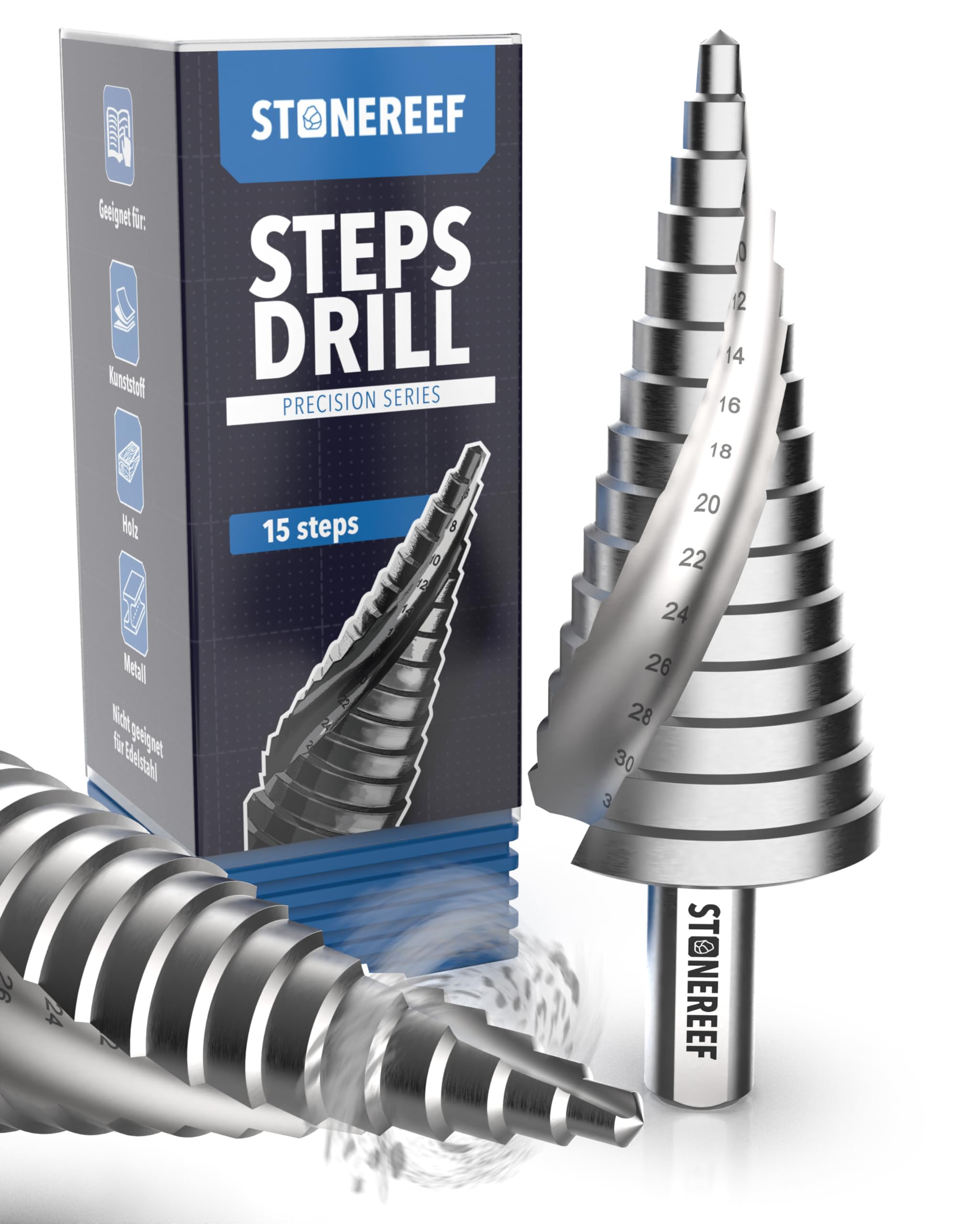 STONE REEF Professional Step Drill Bit – 15 Steps, 4-32 mm, High Speed Steel, Black Oxide Finish, 1 Count