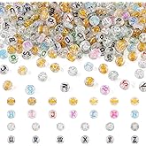 KISSITTY 400Pcs Transparent Acrylic Letter Beads Bulk with Glitter Powder Colorful Flat Round Alphabet Beads Letter Pattern Loose Spacer Bead Charms for DIY Necklace Bracelet Jewelry Making Supplies