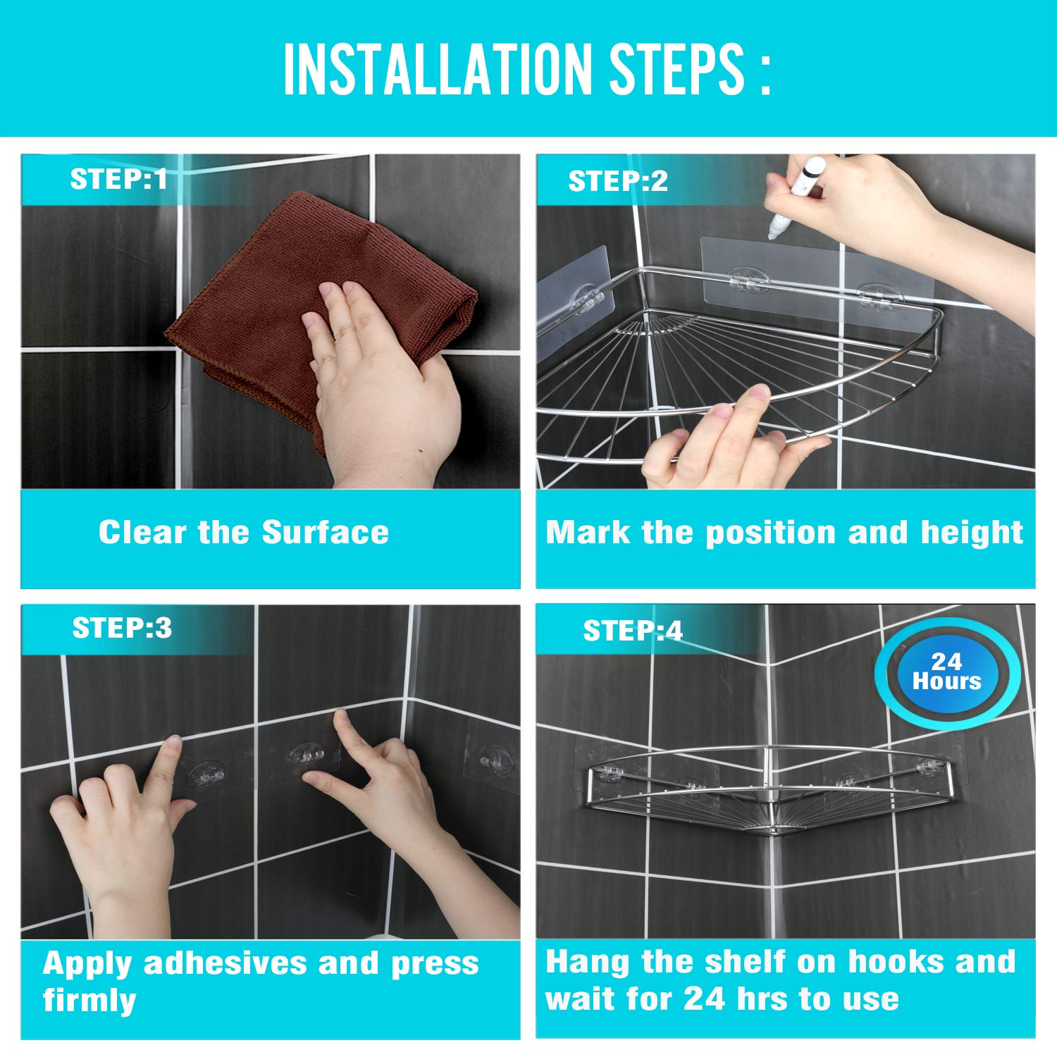 Seven Sparta 2 Pack Corner Shower Caddy Adhesive Stainless Steel Storage Organizer Shelf with Waterproof Stickers for Kitchen Bathroom, No Drilling Required