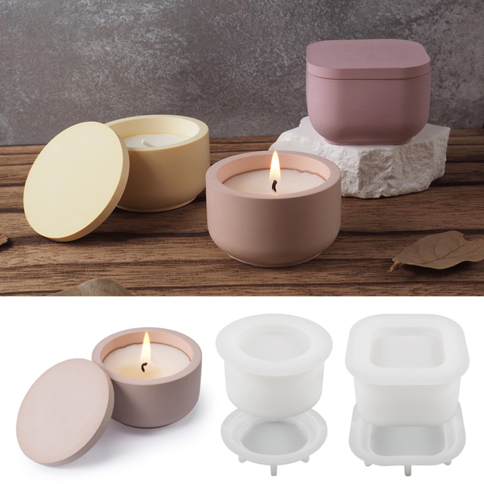 Photo 1 of 2 Sizes Candle Jar Molds, Silicone Concrete for Candle Holder with Lids, Candles Resin Mould Epoxy Resin Casting DIY for Candle Making Supplies Scented Candles Soaps Making