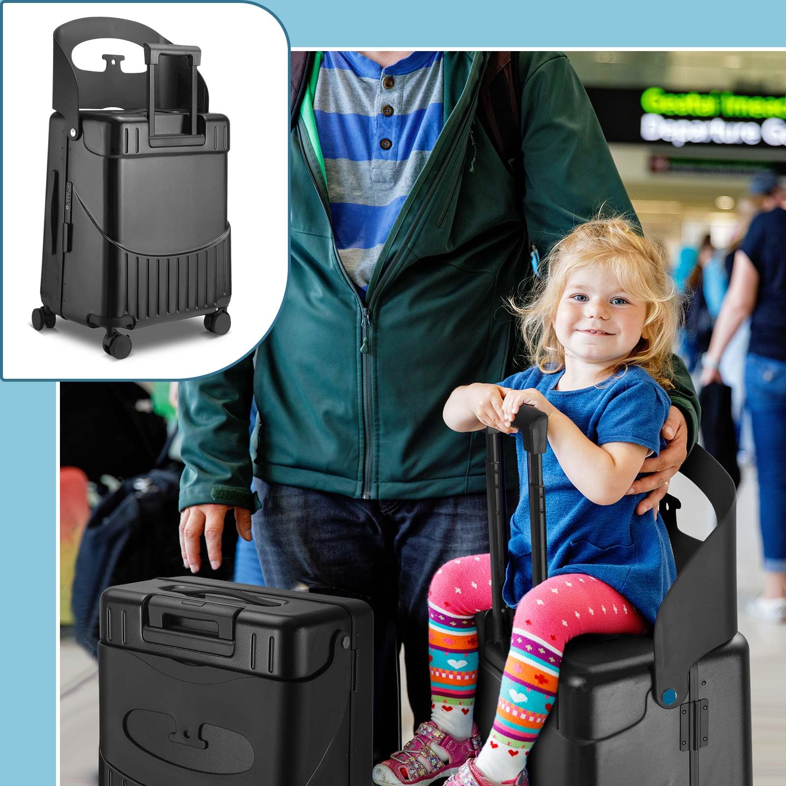 Bulyoou 22 Inch Carry on Luggage with Seat for Kids Expandable Ride on Suitcase with Spinner Wheels and Locks for Travel (Black)