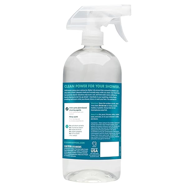 BETTER LIFE BATHROOM CLEANER – TEA TREE BATHTUB & SHOWER CLEANER SPRAY FOR GLASS AND TILE – FOAMING MOLD AND MILDEW REMOVER FOR TUB WORKS ON HARD WATER STAINS – 32OZ, PACK OF 1
