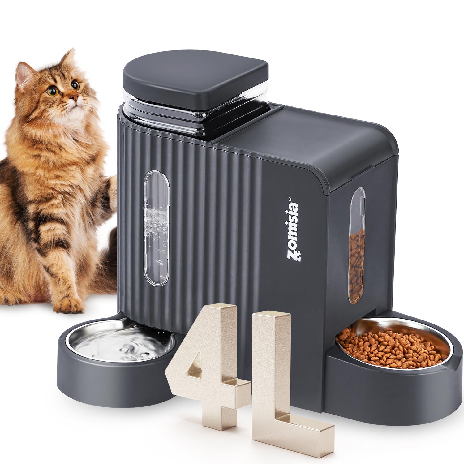 Photo 1 of ZOMISIA Gravity Cat Feeder and Water Dispenser with 304 Stainless Steel Bowls, 2 in 1 Automatic Cat Feeder with 180 Degree Rotatable Water Bowl, Large Capacity for Puppy Kitten Rabbits, Grey
