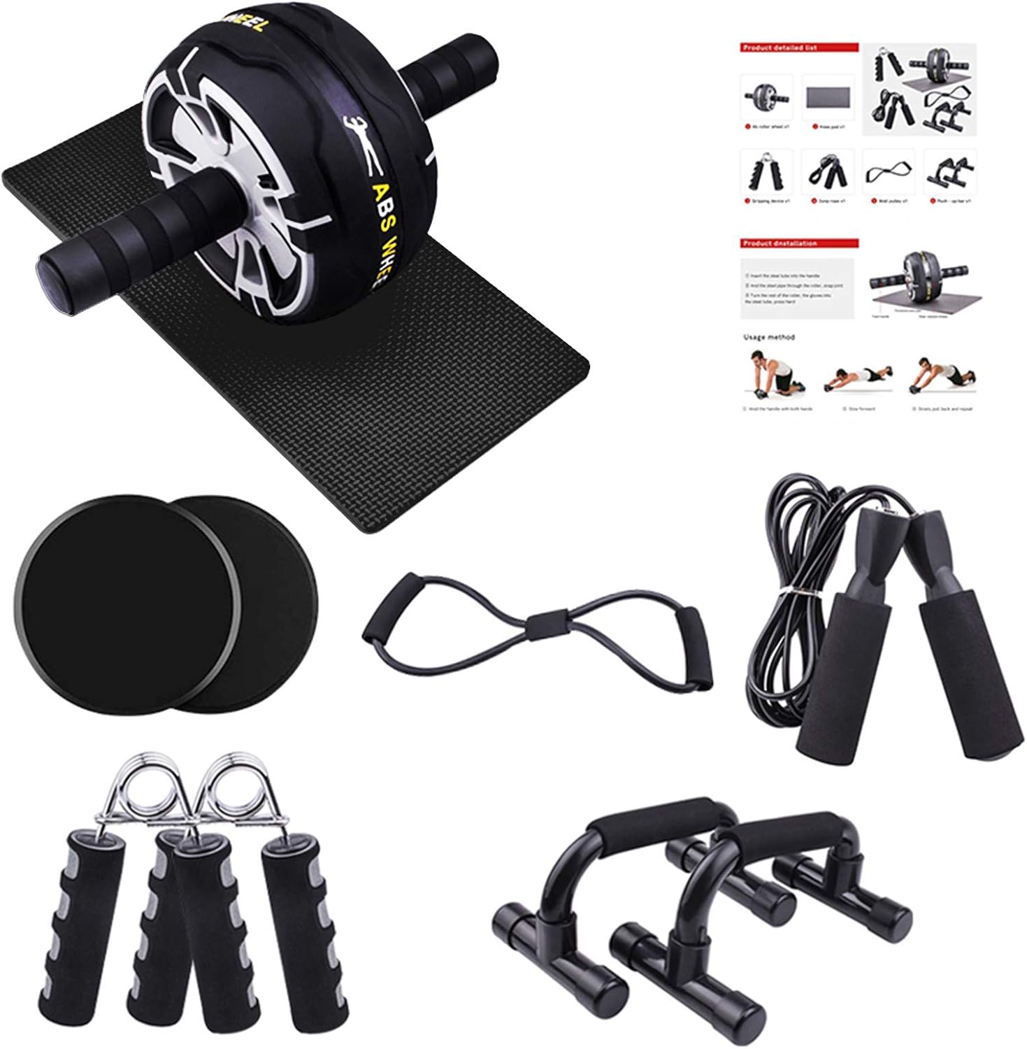 JAMKGAO Ab Roller for Abs Workout, 9-in-1 Ab Wheel Roller Kit with Knee Pads, Skipping Rope,Hand Exerciser, Home Fitness Equipment for Men and Women Core Strength and Abdominal Exercises