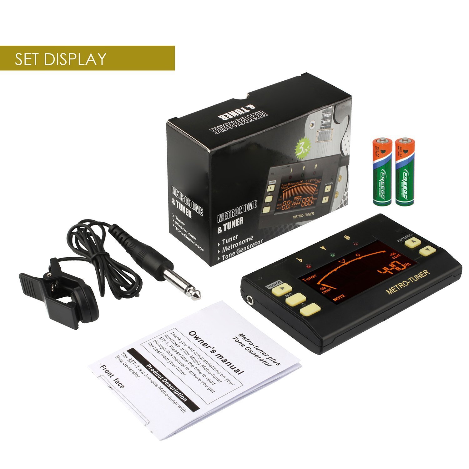 Mugig Metronome, Digital Tuner, Tone Generator 3 in 1 Multi-Instrument Device for Guitar, Bass, Violin, Ukulele, Chromatic Tuning, Large LCD Display, 8 Rhythms 30-250 BPM, Pickup & Battery Included