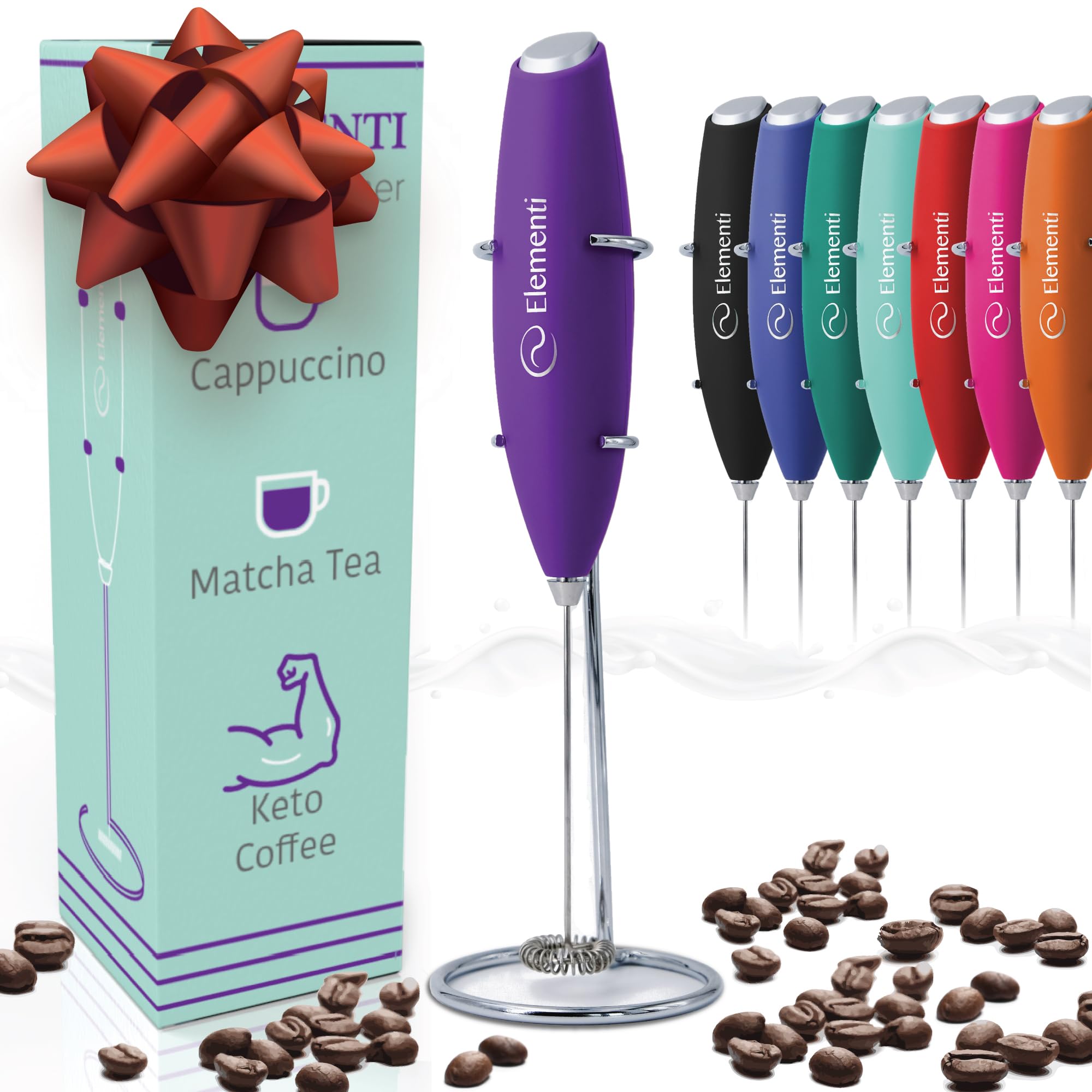 Elementi Electric Milk Frother Handheld, Matcha Whisk, Milk frother for Coffee Frother Electric Handheld Drink Mixer, Electric Mini Whisk Small Hand Mixer, Frappe Maker (Purple)