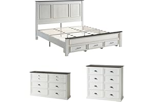AMERLIFE 3-Piece Farmhouse Bedroom Set, Includes King Size Wood Platform Bed Frame with 52.2" Tall Headboard & 2 Storage Drawers, 6 & 8 Drawer Dressers, Bedroom Furniture Set for Bedroom, White
