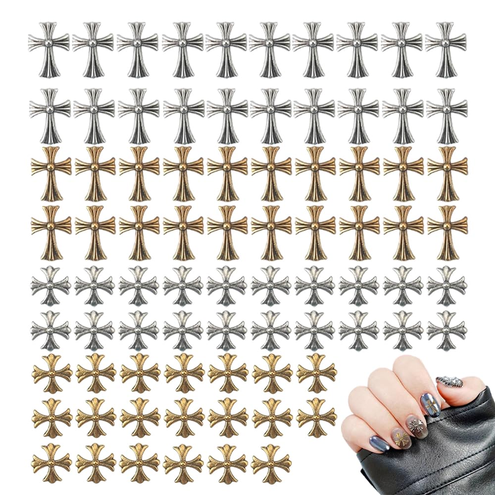 80 PCS Cross Shape Vintage Nail Art Charms Metal Punk Nail Art Decorations 3D Nail Art Accessories DIY Nail Art Gems for Nail Art Design Crafting Party Daily Wedding
