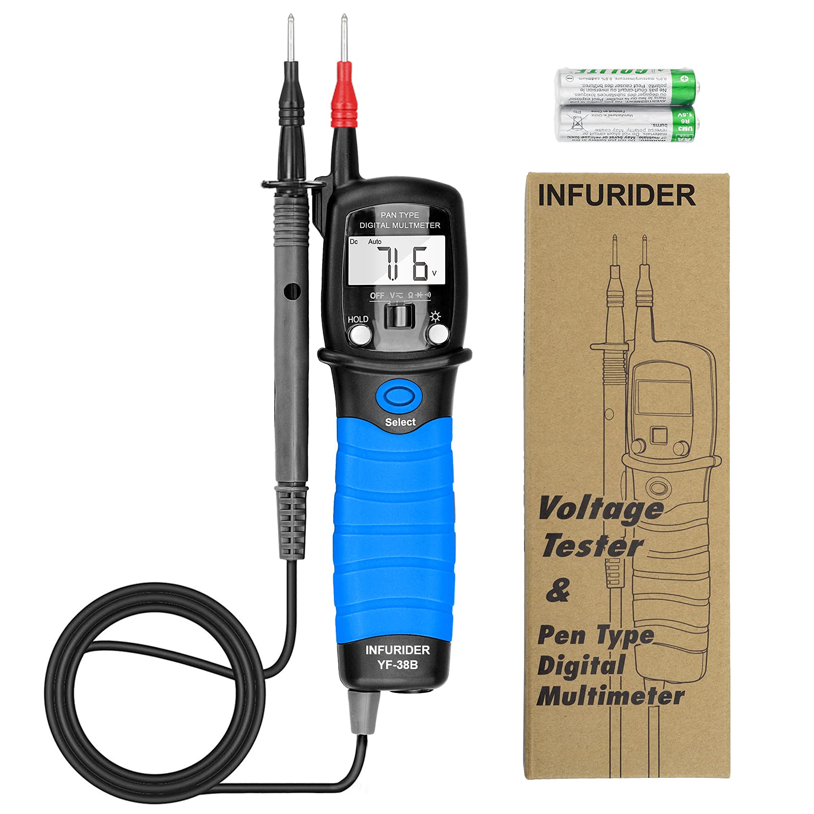 Digital Pen Type Multimeter, INFURIDER YF-38B Handheld Auto-ranging Voltmeter, Ohmmeter for DC AC Voltage, Resistance, Ohm Volt Test Meter with Diode Continuity Tester Blue
