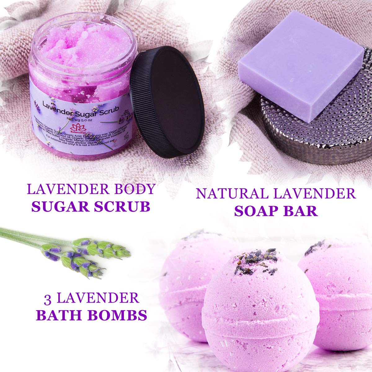 Made in USA Spa Gift Baskets for Women Organic Lavender, Bath and Body at Home, Spa Kit, Soy Wax Candle, Natural Oil Bath Salt, 3 Bath Bombs, Soap Bar, Body Sugar Scrub, for Mom, Girls