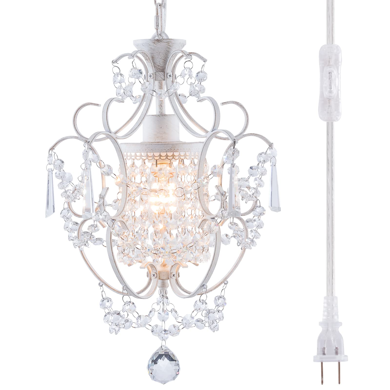 Photo 1 of FLSFU Plug in Chandelier Mini Crystal Chandelier White Retro Small Chandeliers Ceiling Light for Girls Bedroom,Farmhouse Plug in Pendant Light for Kitchen Island Bathroom Dining Room Closet