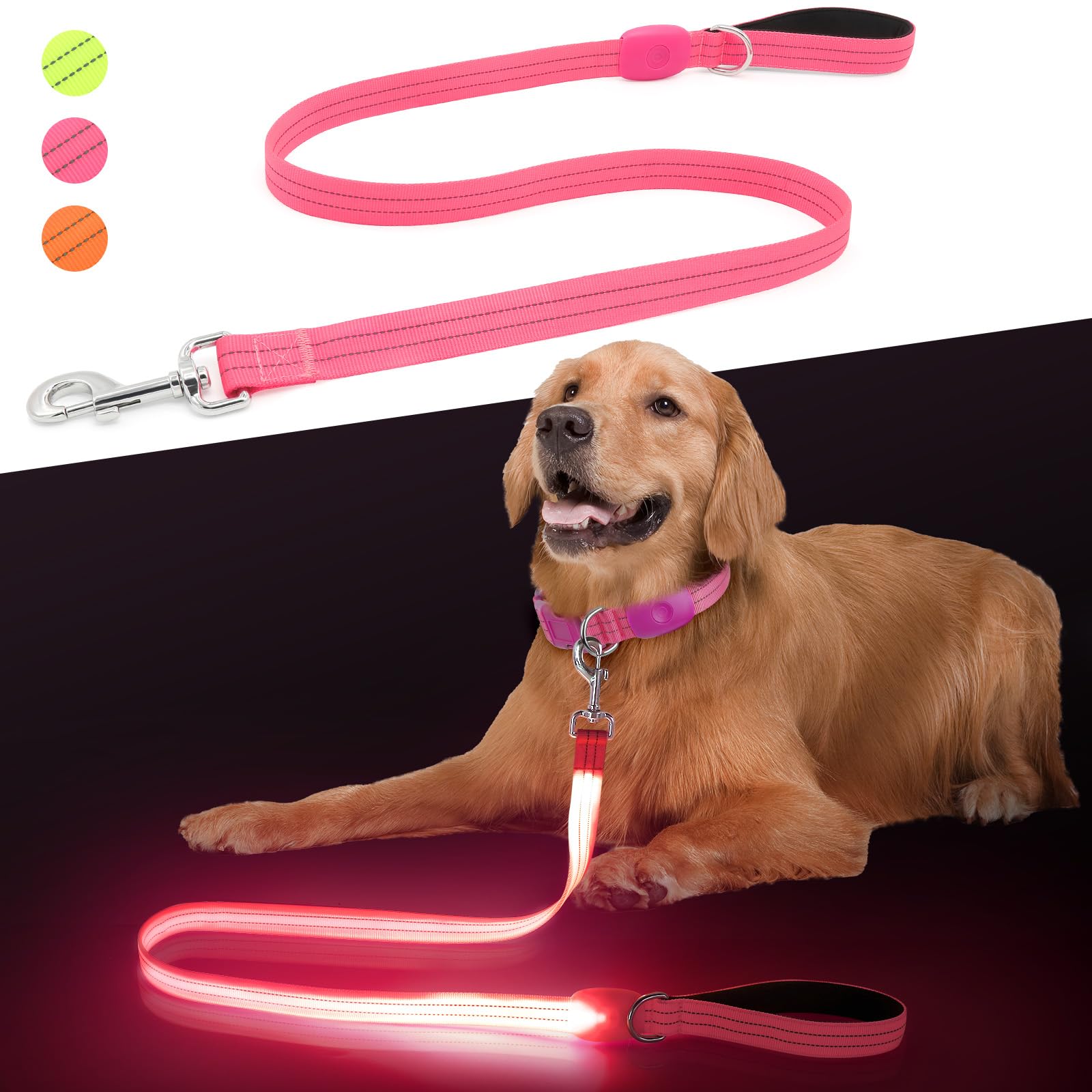 ChalkLit Led Light Up Dog Lead, 4 Ft Soft Rechargeable Waterproof Reflective Flashing Dog Leash with Padded Handle for Night Walking, Safety Glow in The Dark Dog Lead for Large Medium Pets(Pink) — image 1