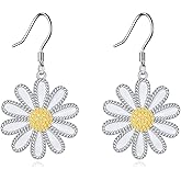 KZX Daisy Drop Dangle Earrings 925 Sterling Silver Daisy Earrings for Women White Flower Hook Dangle Chrysanthemum Drop Jewelry Gifts for Wife Birthday Wedding Christmas