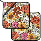 Boho Pot Holders 2PCS,Potholders for Kitchen Heat Resistant Microwave Cooking Baking Oven and Dishes and BBQ Gifts for Women(Retro Groovy Flower)