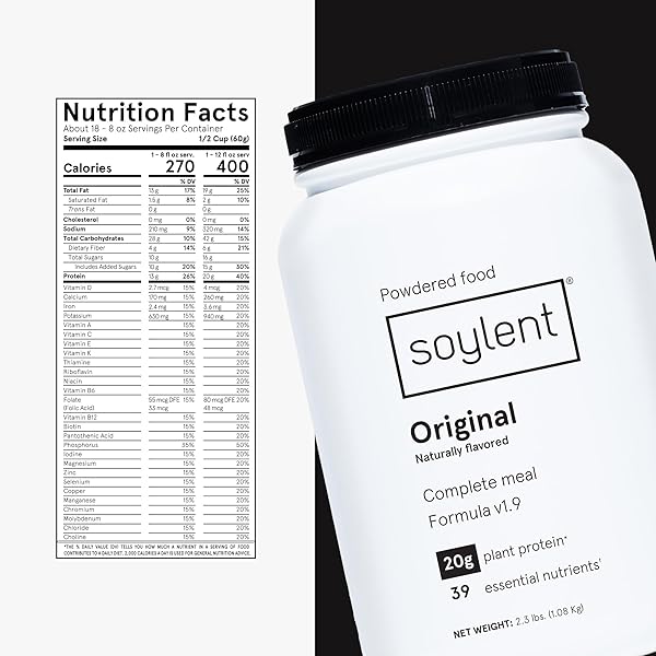 SOYLENT COMPLETE NUTRITION MEAL REPLACEMENT PROTEIN POWDER, ORIGINAL – PLANT BASED VEGAN PROTEIN, 39 ESSENTIAL NUTRIENTS – 36.8OZ