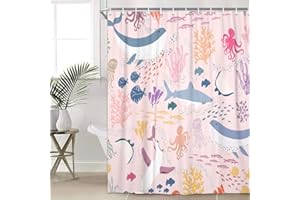 Lacoiime Shark Shower Curtain, Pink Boho Ocean Fish Shower Curtain Abstract Underwater Animal Cartoon Bathroom Curtain with Colorful Fabric Shower Curtains for Kids Bathtub Decor (69 X 70 inch)