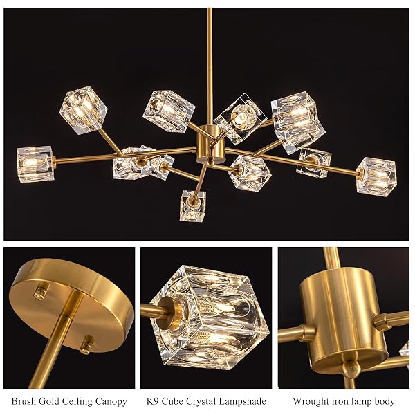 HLMRCHEN GOLD DINING ROOM CHANDELIER,CRYSTAL MODERN CHANDELIERS, 12 LIGHTS SPUTNIK KITCHEN DINING ROOM LIGHT FIXTURE(36″