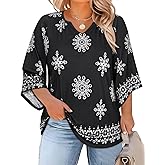 Koscacy Plus Size Tops for Women 3/4 Sleeve Shirts Casual V Neck Loose Fit Blouse