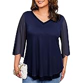 YGJIEGENG Plus Size Blouses for Women Ruffle 3/4 Sleeve Tops V Neck Casual Elegant Womens Tunic Top Mesh Loose Shirts L-4XL