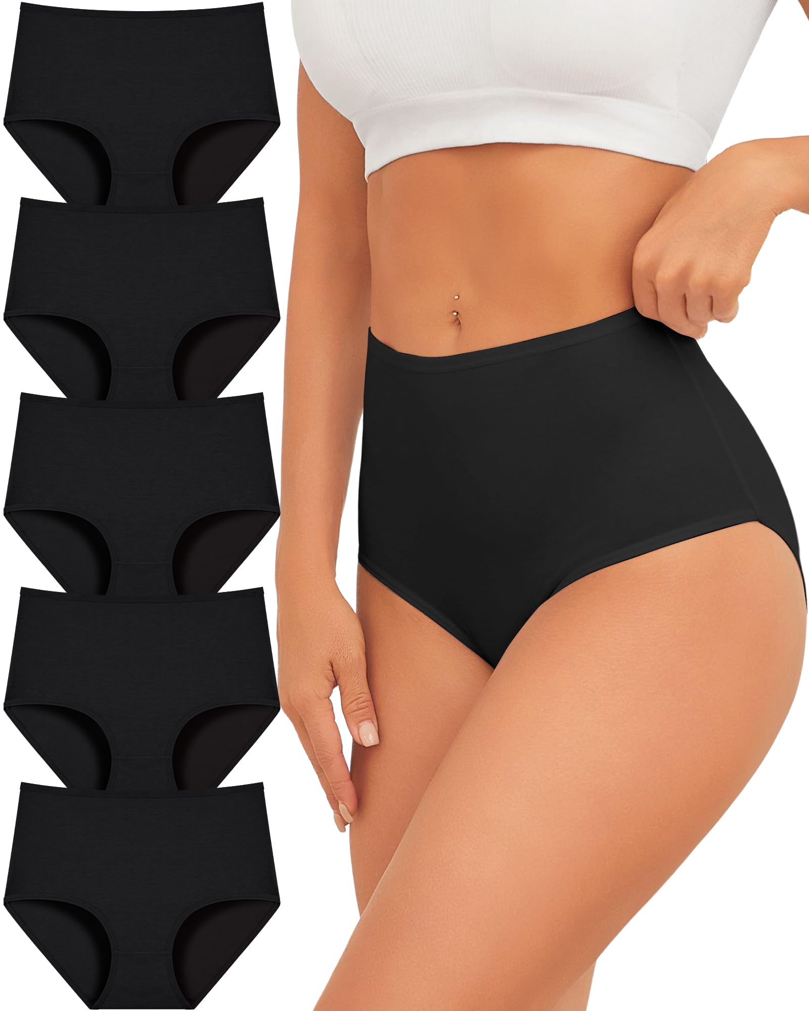 UNDER THE SEA High Waisted Cotton Underwear Womens Full Coverage Soft Ladies Briefs Plus Size Women's Panties 5 Pack L