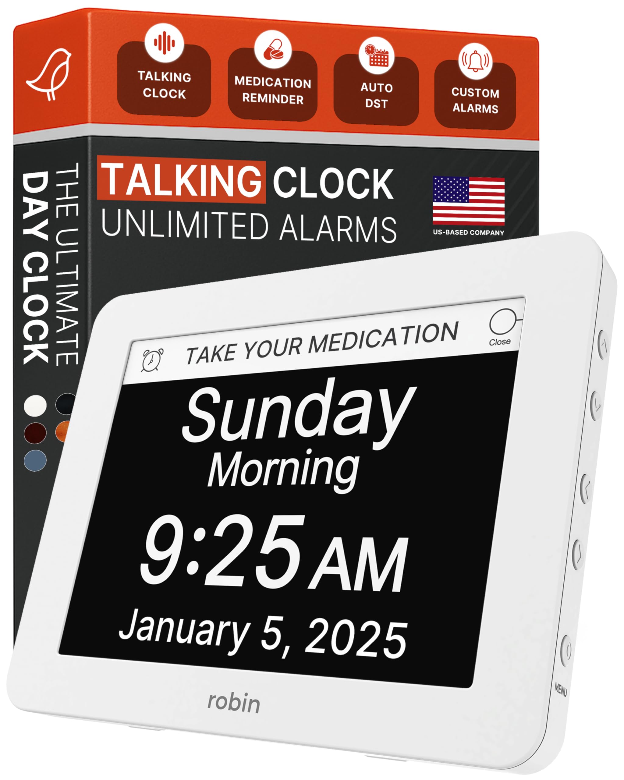 Robin Talking clock with Day & Date for Seniors, Dementia, and Alzheimer's, Digital Calendar and Elderly Bedside Clocks