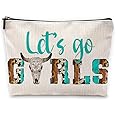 Sufamb Let's Go Retro Western Country Bull Skull Makeup Bag, Cowgirl Cosmetic Pouch for Women, Christmas & Birthday Gift for Teen Girls