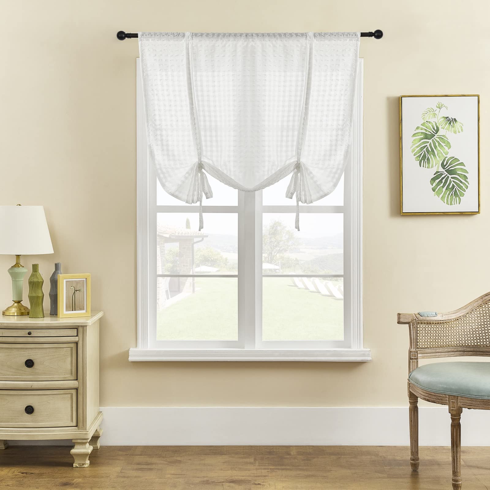 ele ELEOPTION Roman Tie-up Blind Curtain Sheer Seersucker Window Voile Tier Curtain for Bedroom, Living Room, Kitchen, Small Window (White, 100x140cm)