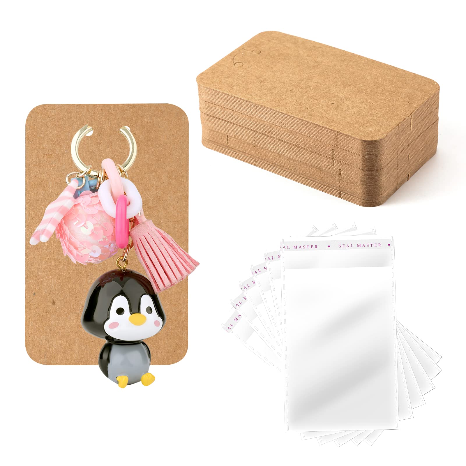 100pcs Keychain Display Cards with 100pcs Self-Sealing Bags, Kraft Color Keyring Keychain Display Cards Holder for Packaging Selling (7.5x12cm / 3 x 4.7inch)