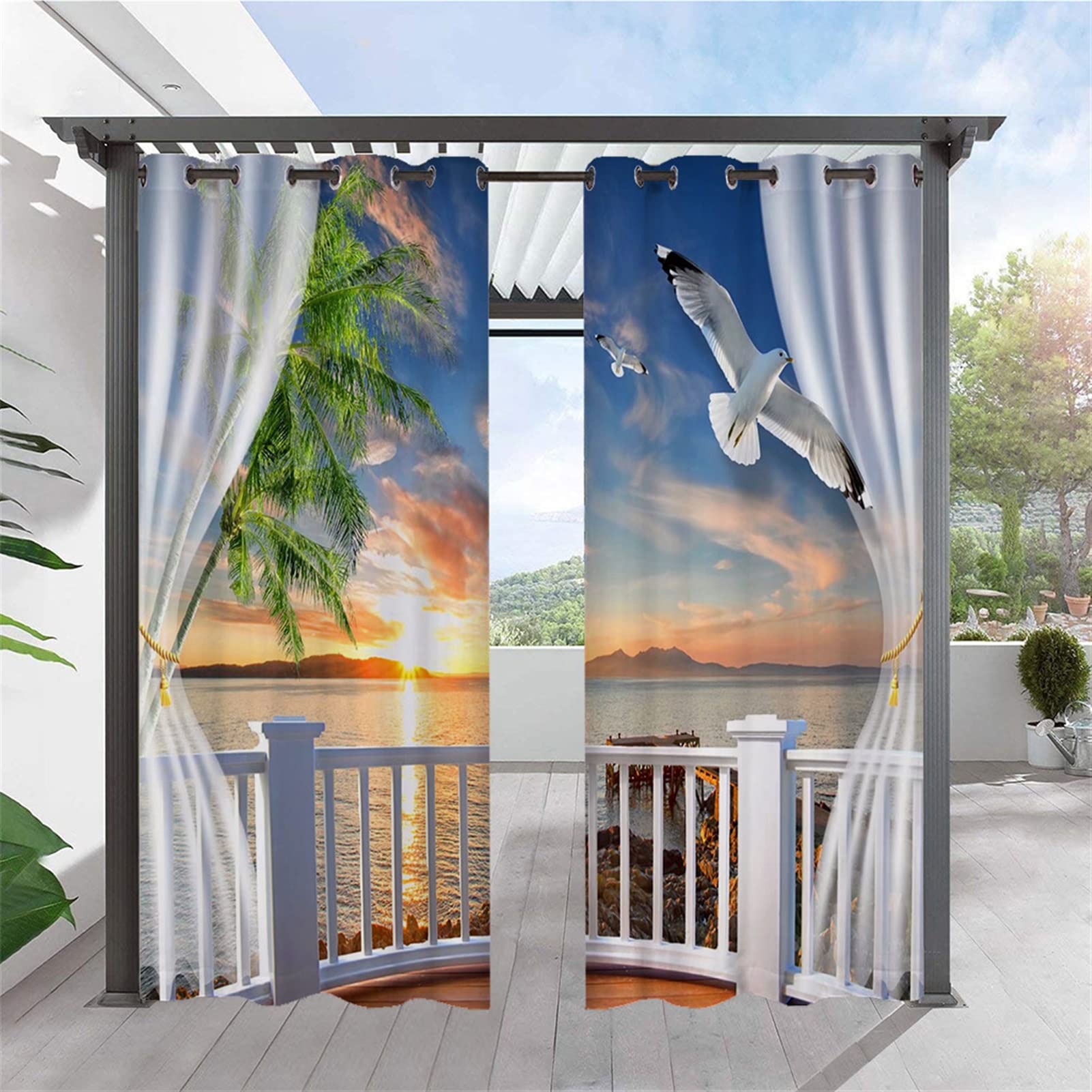 Heavyoff Outdoor Curtains for Patio Waterproof Outside Light Blocking Thermal Insulated Blackout Curtains with Tropical Beach Ocean Pattern for Gazebo, Pavilion, Cabana, 2 Panels, Style 16, W46 x L63