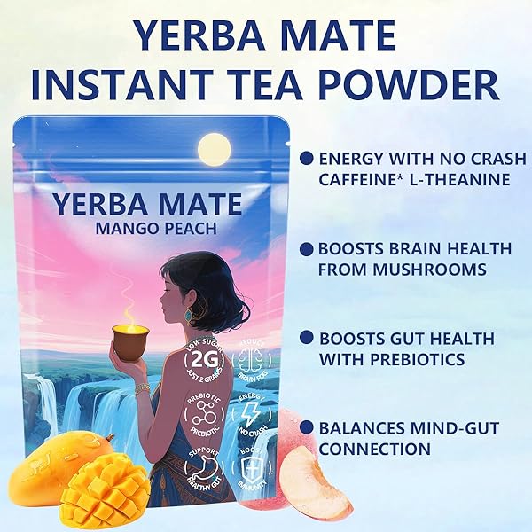 YERBA MATE 3-IN-1 SUPER DRINK TEA POWDER, PROBIOTICS MATCHA, 30 SERVINGS, BRAIN FOG BUSTER ENERGY AND FOCUS SUPPORT (PEACH MANGO)