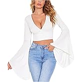 Floerns Women's V Neck Long Bell Sleeve Wrap Blouse Top Tee Shirts