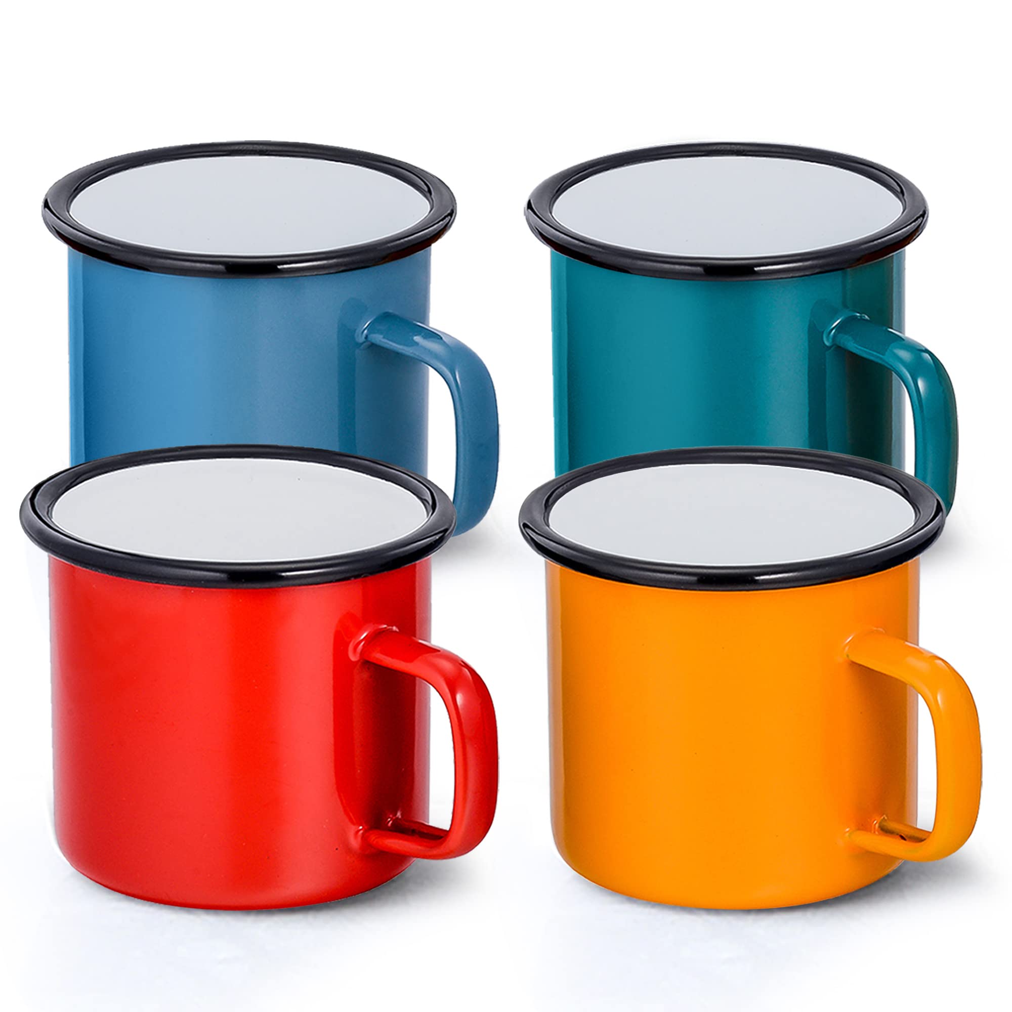 Joyfair Enamel Coffee Mug Set of 4, 12oz Enamel Camping Tea Mugs in Colour Red/Blue/Green/Yellow, Lightweight Retro Cups for Travel Home Office Party, Vintage & Portable (350ml)